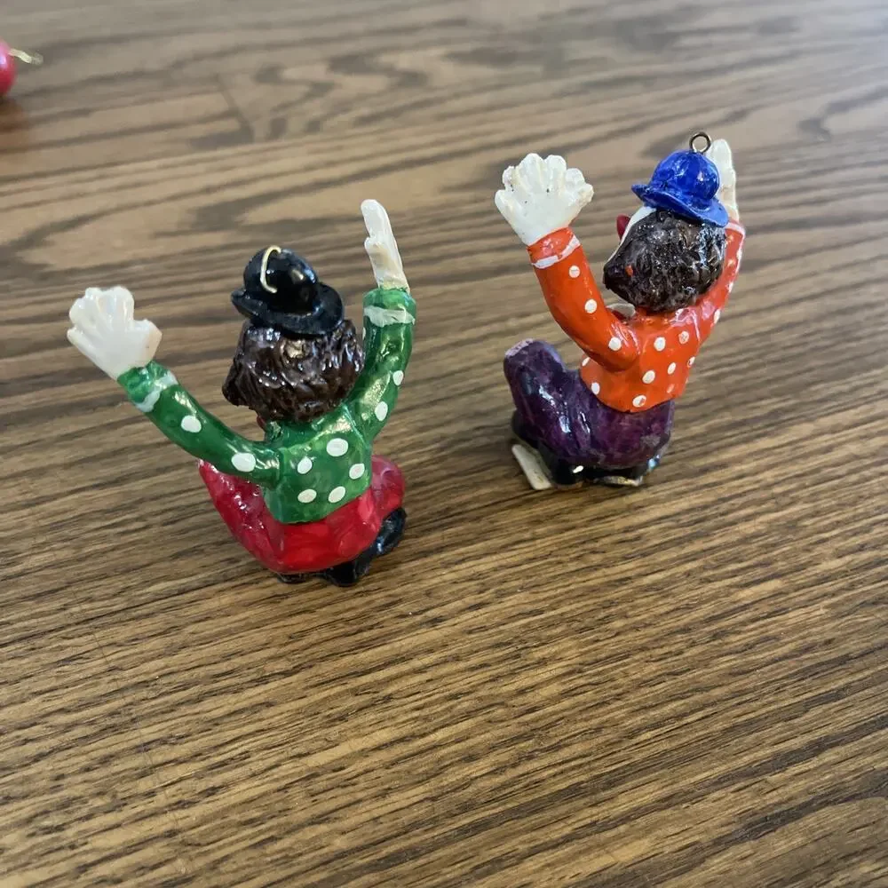 Vintage Miniature Christmas Ornament Wooden Clowns & People Knit Hats Instrument